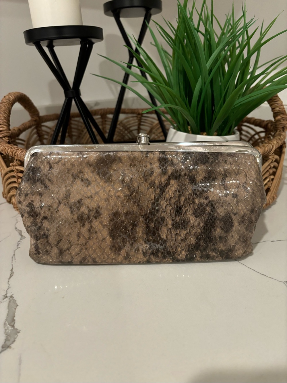 HOBO international Lauren Wallet Clutch Silver Frame Snake Print Tan Grey Black